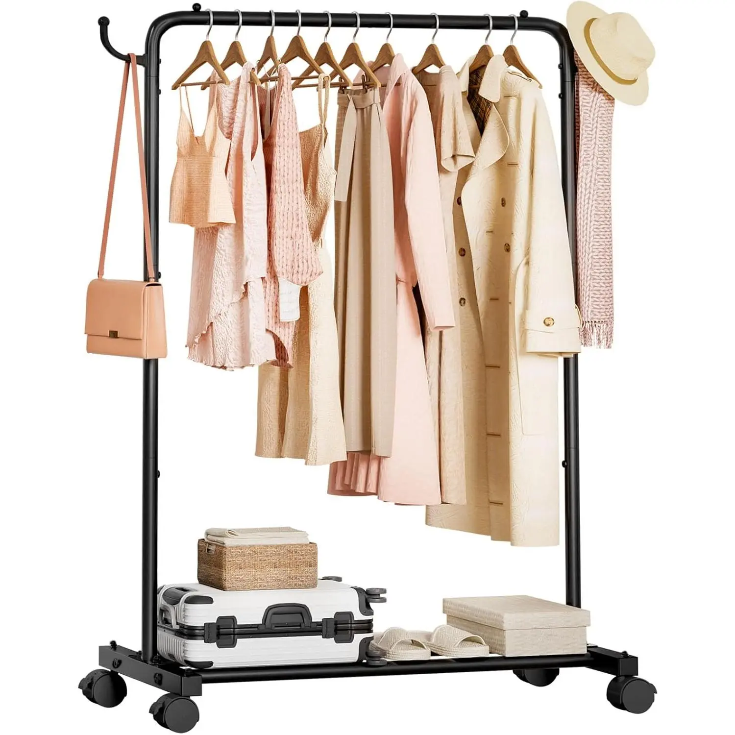 Rolling Clothes Rack with Hooks: Indoor Standing Clothes Storage Rack - Bedroom Laundry Room Hanging Rod - Wheeled Coat Rack with Luggage Rack (Black, 32inch )