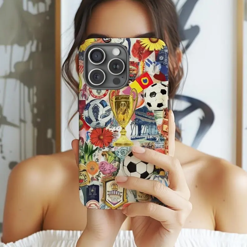 Soccer Mosaic Collage Phone Case - Durable Casing Cover Shell for Football Fans, Trophy Gift Compatible with iPhone 1-5/1-6/1-7 Series, Smartphone, Handheld