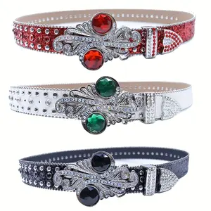 Women's Punk Western Cowboy Belt - Rhinestone & Gemstone-Studded PU Glitter Strap with Metallic Buckle, Plus Size Available, Casual Outing Accessory (Red/Green/Black) - Ideal Gift Choice, Cowboy Accessories, Bling Fashion, Embellished, Fest