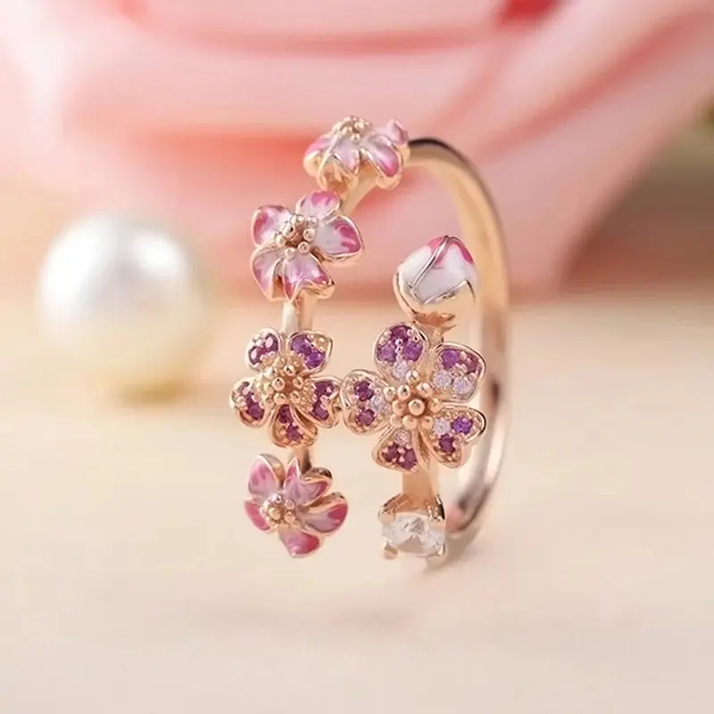 FTCY S925 Silver Rose Enamel Peach Blossom With Crystal Ring For Women Fit for Couple rings-Simple and Fine Jewelry Wedding Part