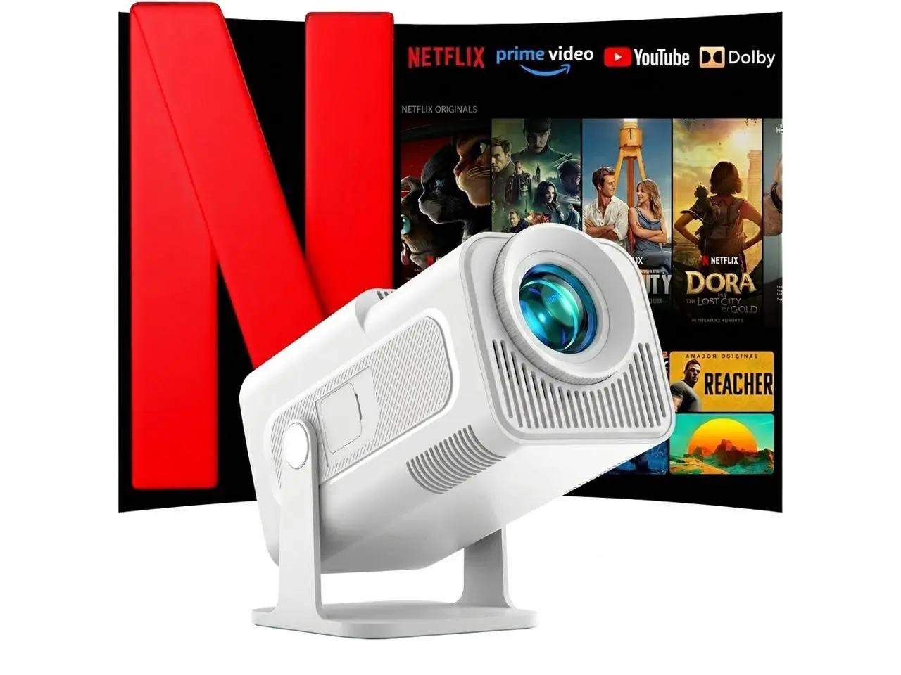 WOLFANG 4K Support Mini Projector, Built-in Apps/Official Netflix, 600 ANSI Lumen, WiFi 6, 180 Rotatable, Smart Portable Projector, Compatible with TV Stick/iOS/Android/PC/PS5/HDMI/AV