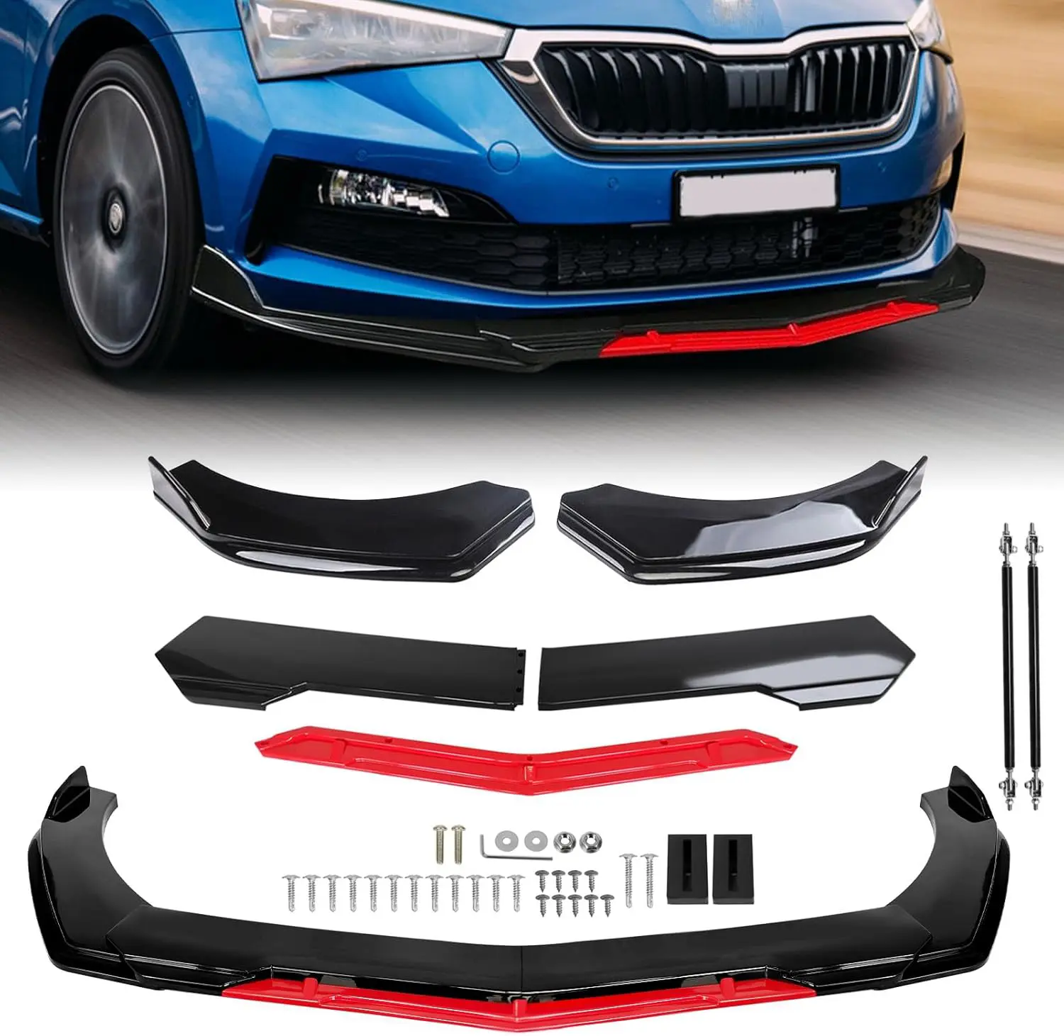 Universal Front Bumper Lip For Car, ABS Adjustable Sharp Corner Front Bumper Lip Splitter Protector Replacement For Charger/Civic/Accord/Altima/Corolla/Camry/Infiniti - Black w/Red