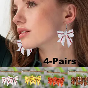 4 Pairs Vintage Sporty Earrings Set Chic Baseball Football Basketball Softball Bow Acrylic Dangle Earrings, Stainless Steel Hooks Coquette Design for Ball Game & Daily Wear, Sports Enthusiasts Accessories, Gift for Sports Fans