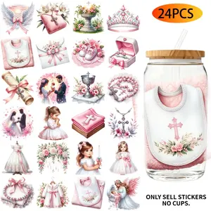 24PCS/SetChristian Baby Girl Baptism Themed UV DTF 16OZ DIY Transfer Stickers, High Adhesion Transfer Paper for 16oz Water Bottles, Glass Bottles, Laptops and Home Decoration DIY