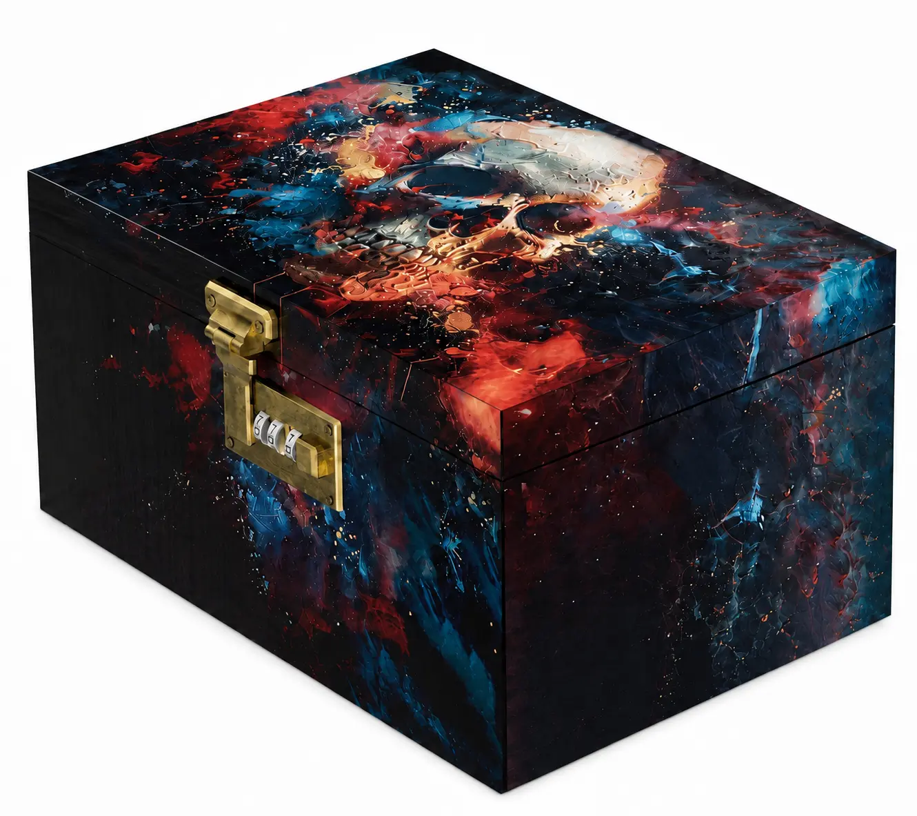 Large Bamboo Box with Combination Lock, Wooden Printed Decorative Storage Box, Storage Lock Box as Great Gift Choice, Lockable Keepsake Box for Storage Trinkets, Coffee Beans, Tea etc(Skull)