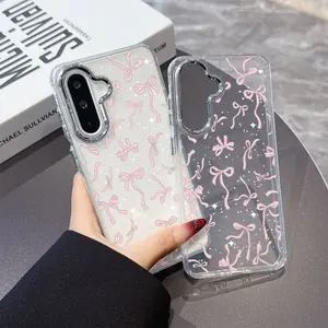 Fashionable pink bows high-ends Smartphone case suitable for Samsung Galaxy A26 A36 A55 A35 A06 A16 A05 A14 A24 A34 A54 A15 A05S A25 A23 A33 A53 A73 A13 4G 5G  Metal silver lens frame transparent soft back cover