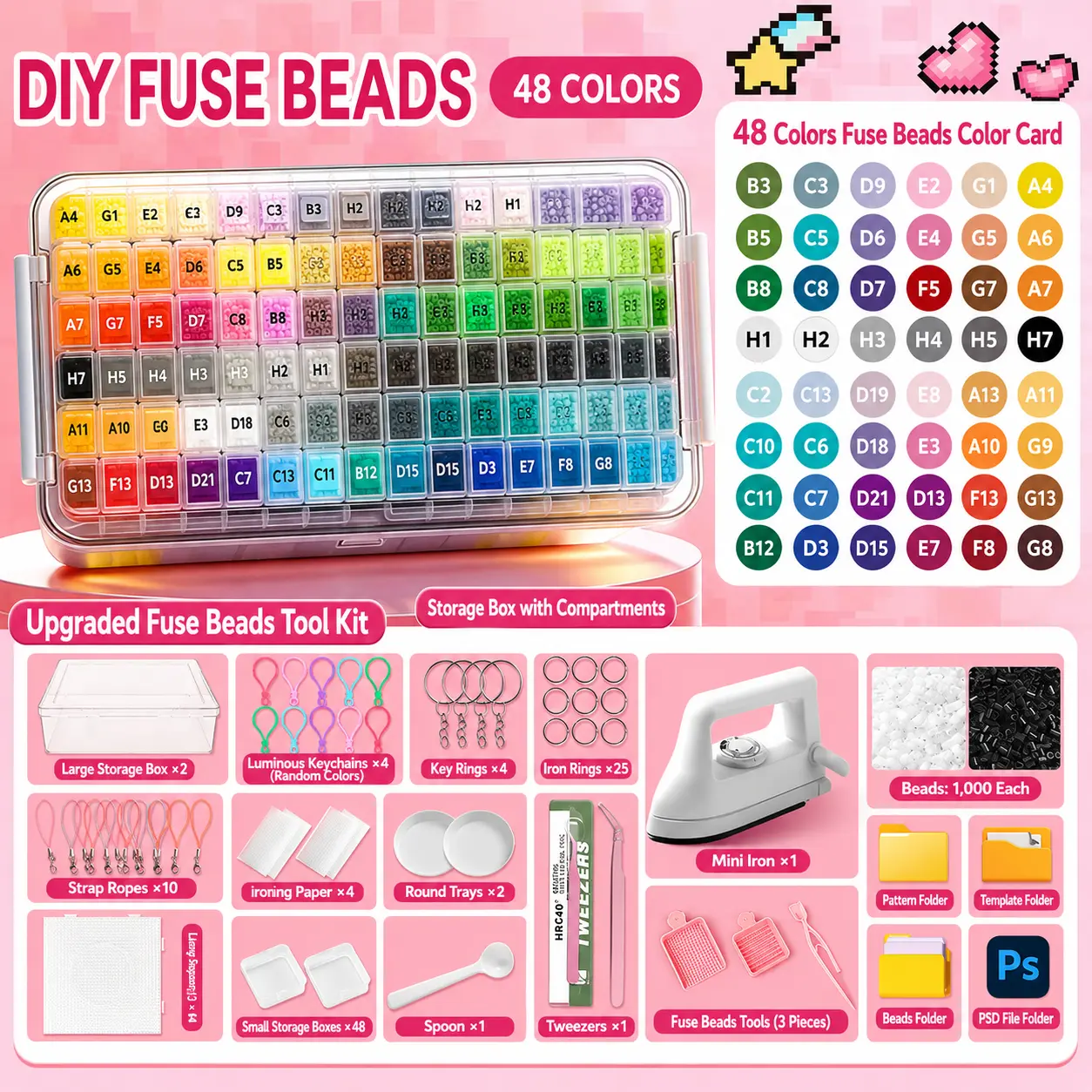 48-Color DIY Fuse Beads Kit with Storage Box - Pixel Art Craft Set for Keychains, Decorations | Fashion Accessory Making Supplies for Ages 14+