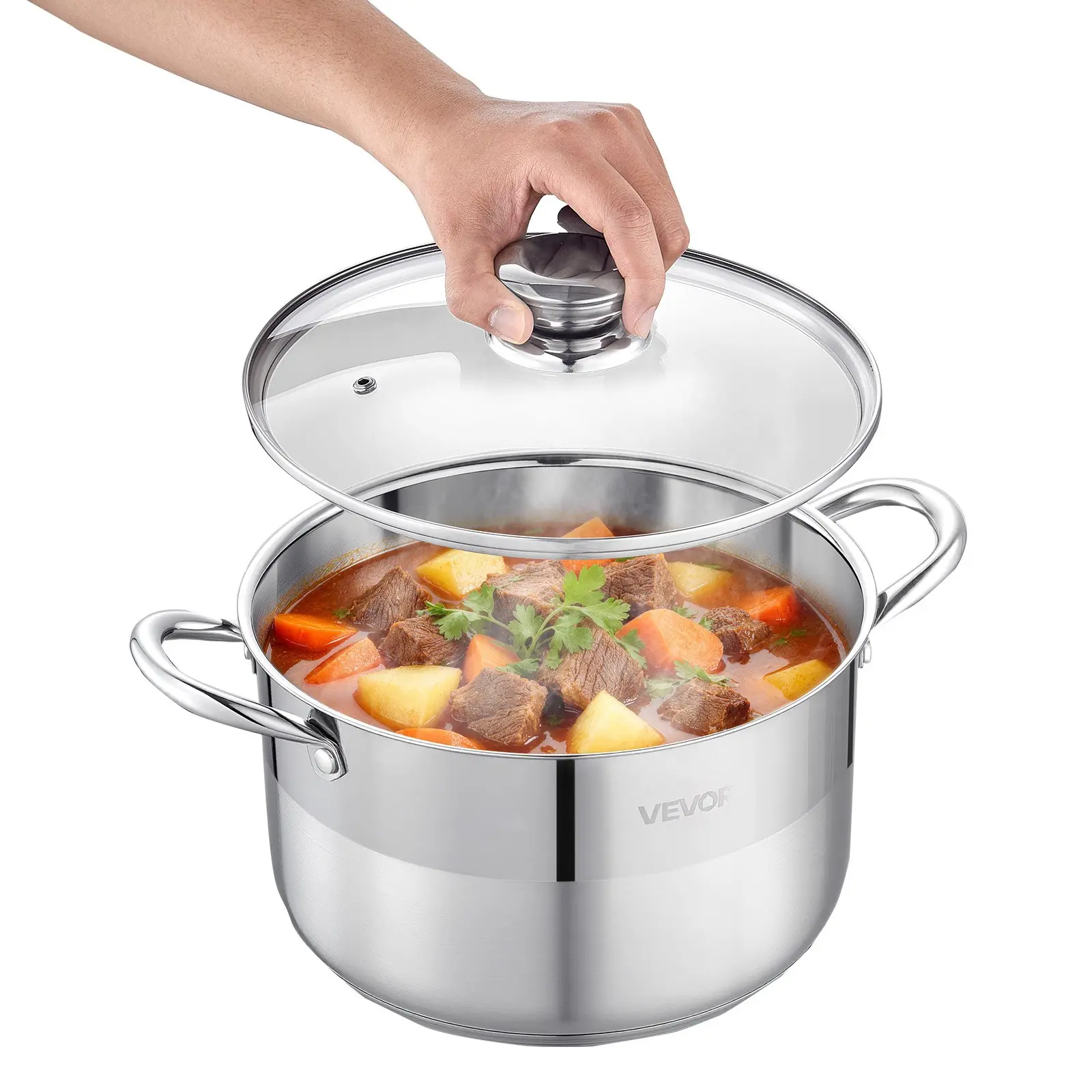 VEVOR Stainless Steel Stock Pot, 8-Quart Stainless Steel Stockpot with Glass Lid, PFOA-Free, PFAS-Free, Compatible with Gas Stoves, Induction Cooktops, Electric Stoves, for Soups, Stews, and Pasta