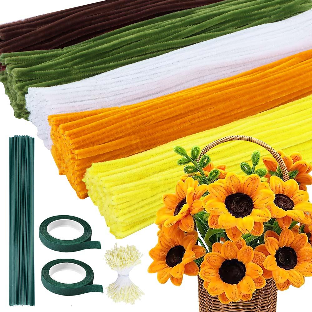 500PCS Pieces Sunflower Color Pipe Cleaners Chenille Stems for Flowers Craft Supplies Bulk Fluffy Fuzzy Sticks for DIY Art Projects Creative Gift Wrapping Party Decorations