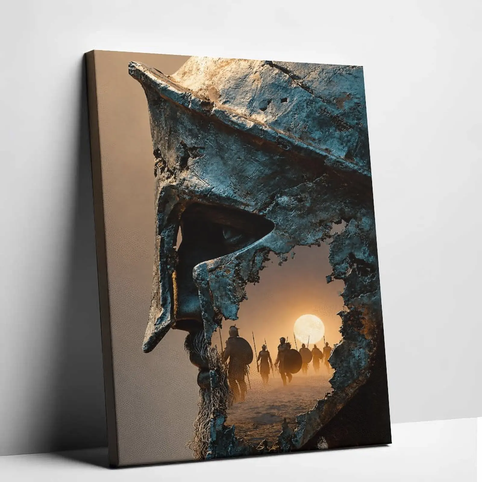 Spartan Warrior Canvas Wall Art Ancient Greek Helmet Poster Print Double Exposure Canvas Painting Epic Army Graphic Picture Modern Power Aesthetic Decor for Living Room Bedroom Studio
