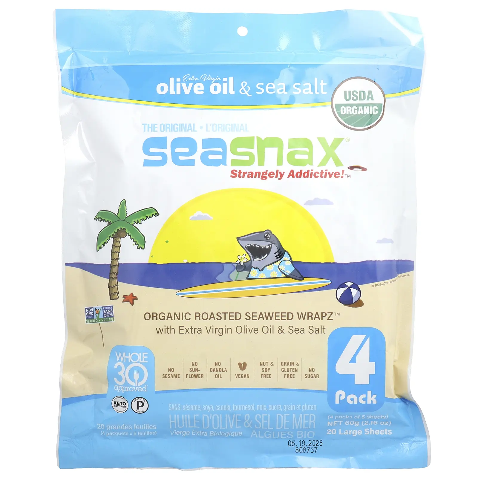 SeaSnax Organic Roasted Seaweed Wrapz™, Olive Oil & Sea Salt, 20 Large Sheets, 2.16 oz (60 g)
