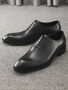 Men's Business Leather Solid Color Lace Up Dress Shoes, Formal Square Toe Dress Shoes for Work Office, Fashion Classic Shoes for Party, Daily Clothing Decor for Men