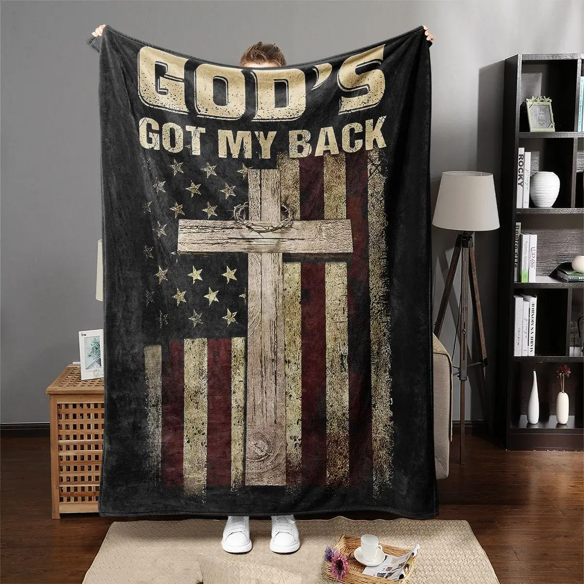 Christian Cross & Letter Print Flannel Blanket, American Flag Print Soft Throw Blanket, Cool Bedroom Accessory, Warm Napping Blanket For Home Office T