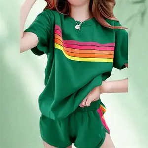 Rainbow Vibrant Color-Block Matching Sets | Women's Shorts & Tee Lounge Outfit - Comfy Streetwear PJs Two-Piece for Summer | Striped Color-Block Lounge PJs Set |.clothing sets women going out.women's matching sets.lounge set for women.