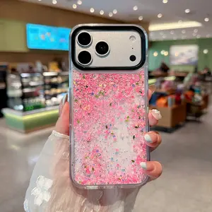 Luminous Glow In The Dark Liquid Quicksand Phone Case For iPhone 17/16/15/14 Pro Pro Max Bling Floating Flower Sequins Clear Shockproof Heavy Duty Protective Cute Aesthetic Sparkly Glitter Cover For Women Teen Girls Daily Use