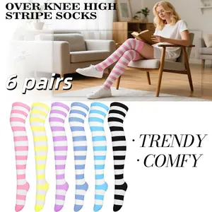 6 Pairs Thigh High Socks Over Knee High Stockings Extra Long LeColorful Christmas Surprise Gift: 6 Pairs Thigh High Socks for Women | Mixed Candy Stripe Over-Knee Stockings & Leg Warmers | One-Sg Warmers for Women Mixed Candy Color Stripes, One Size