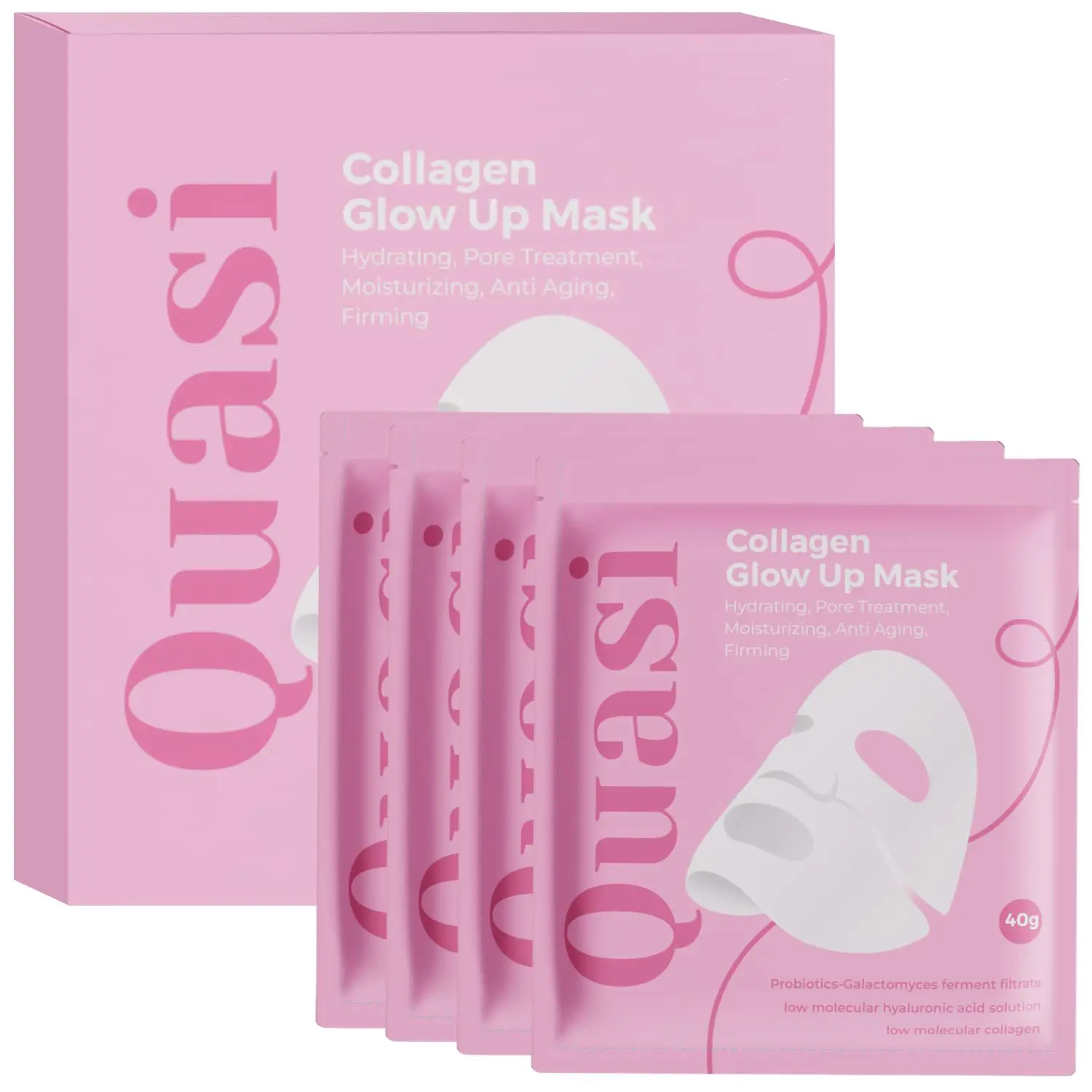 Quasi Collagen Glow Up Mask 2.0, Quasi BioCollagen Face Mask, Firm Skin Deep Hydrating Masks for Wrinkle Reduction and PoreMinimization - Glow like Glass Skin (2 Box × 8Pcs)
