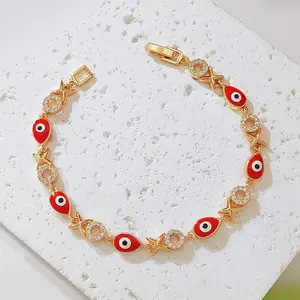 14K Gold Plated Red Evil Eye Enamel Bracelet, Star & CZ Crystal Protection Chain Bracelet for Women, Adjustable Lucky Amulet Jewelry