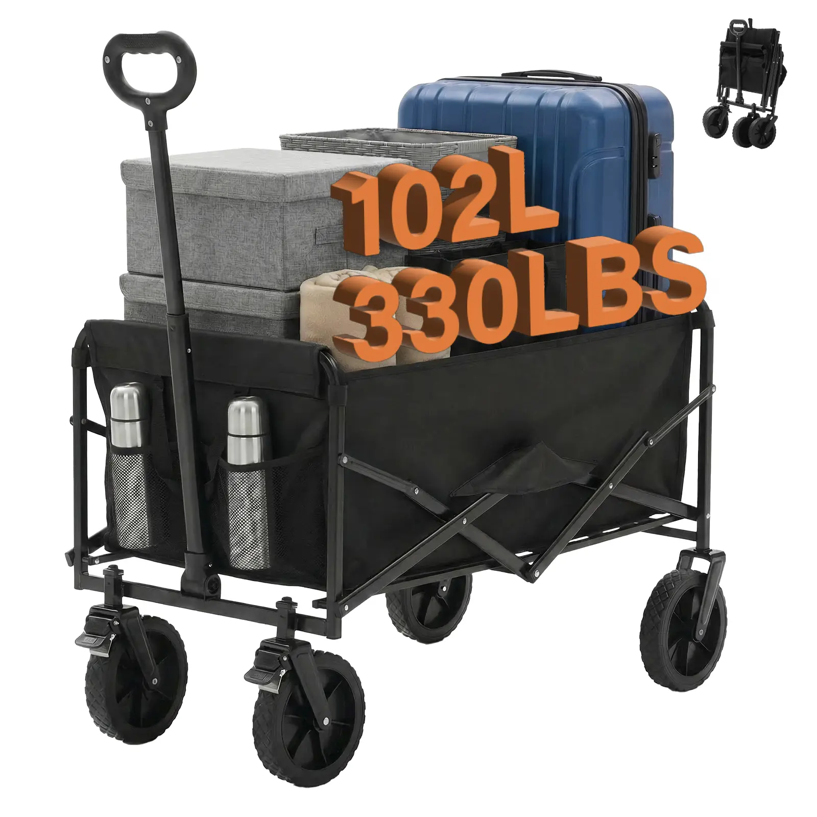 Collapsible Folding Wagon - Oxford Cloth Quick Fold Utility Cart, 102L Large Capacity 330 lbs Heavy Duty Foldable Shopping Cart with Wheels & Flexible Handle for Outdoor Camping, Grocery