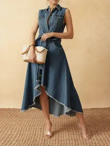 Women's Sleeveless Asymmetrical Hem Denim Dress, Boho Fashion Casual, Button Front Raw Edge Design, All Season for Dating & Daily Wear