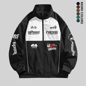 Men's Vintage Motorcycle Racing Jacket - Black and White Two-Tone Stand Collar Zip Closure, Non-Stretch Shell, Suitable for Motorcycles and Racing-Themed Events - Machine Washable Coat