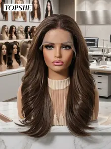 Topshe Tiktok Trendy 20-Inch Long Wavy Wig, High-Definition Lace, Dark Highlights, Heat-Resistant Synthetic Fiber, Party & Daily Use