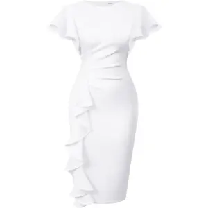 Women's Vintage Church Ruffle Sleeve Ruched Bodycon Work Midi Pencil Dress(Sheets)