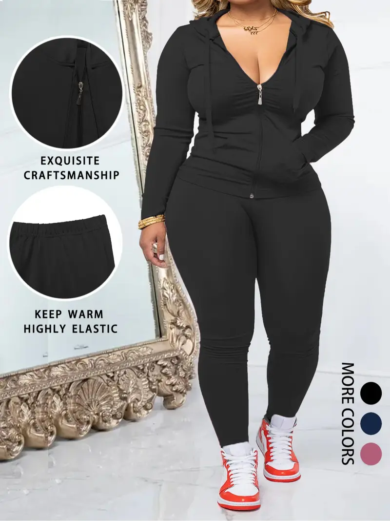 Women's Plus Size Two-Piece Set, Casual Fitness, Zipper Long Sleeve Jacket & Sports Pants, Fall Winter Oversized Fit, Sweatsuits Set