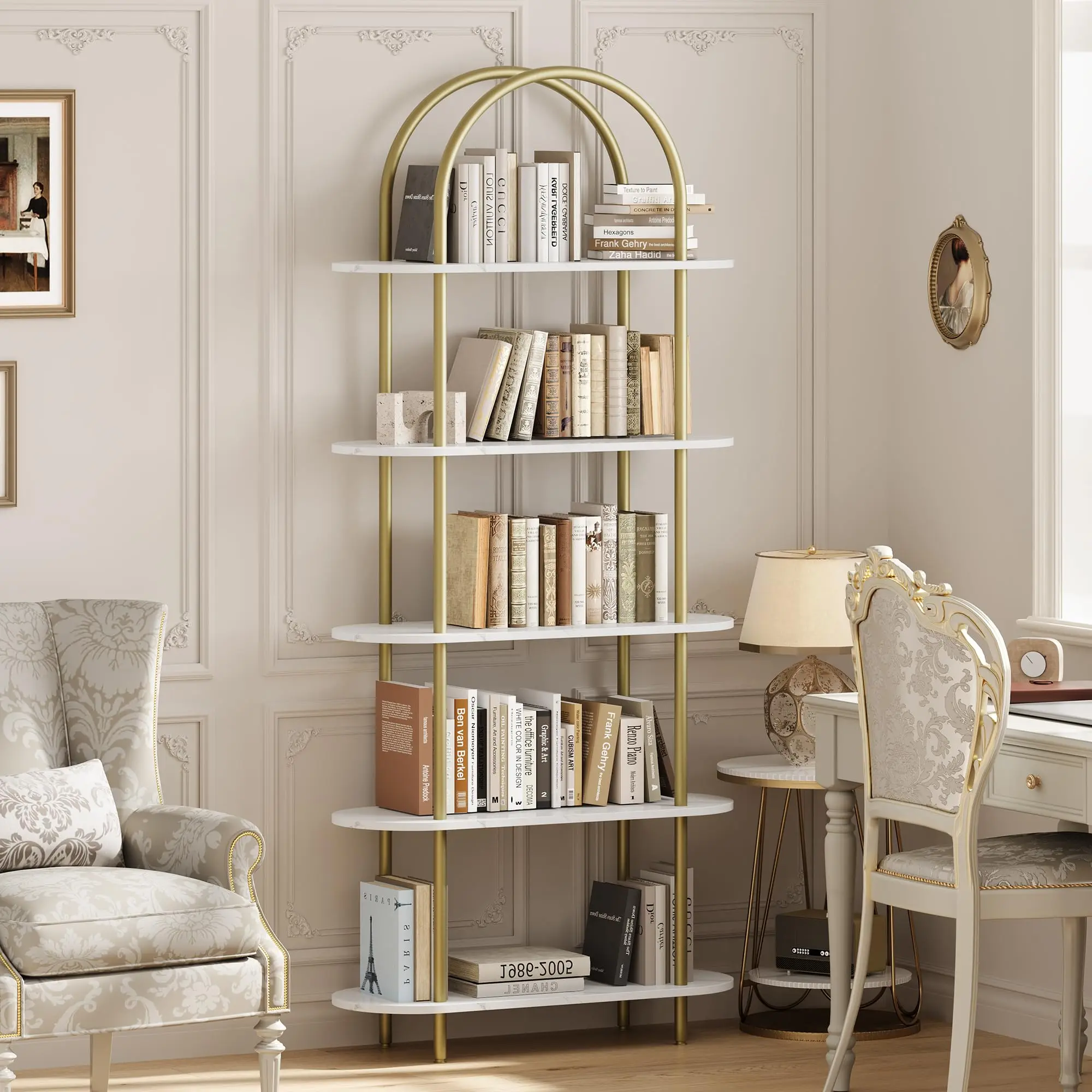 Garvee 5-tier bookshelf, 180 cm, freestanding, industrial, curved, for art display, room divider, with sturdy steel frame, for living room, 80 x 30 x 180 cm, accessories