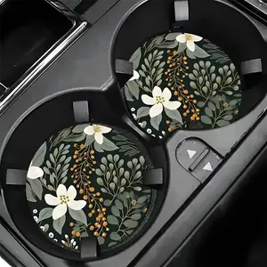 2 Floral Car Cup Holders - Non-Slip Absorbent Coasters, Floral Pattern in Green/White, Spill-Proof Coasters, Suitable for Center Console, Car Cup Holders - Easy-to-Install Car Interior Accessories, Vehicle Organization, Car Decoration