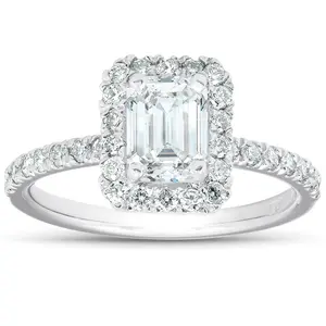 1 1/2 Ct Emerald Cut Diamond Halo Engagement Ring 14k White Gold Lab Grown