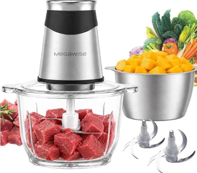 MEGAWISE 500W Electric Food Chopper & Meat Grinder, Stainless Steel Blades, Large Capacity Meat Chopper for Meat, Vegetables & Nuts (1.2L Stainless Steel & 2.2L Glass Bowl)