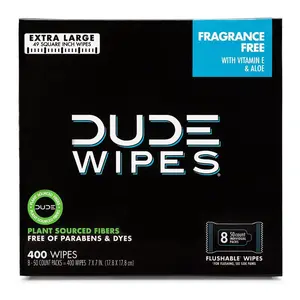 DUDE Flushable Wipes, Fragrance Free, 8 ct., 400 XL Wipes, Hypoallergenic with Aloe Vera & Vitamin E, Eco-Friendly Plant-Based Fibers, 7"x7" Extra Large Size