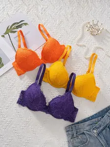 Women's Lace Patchwork Push-Up Bra, Sexy Fitted Design, Breathable Comfort for All Seasons, Ideal for Beach Parties Bikinis