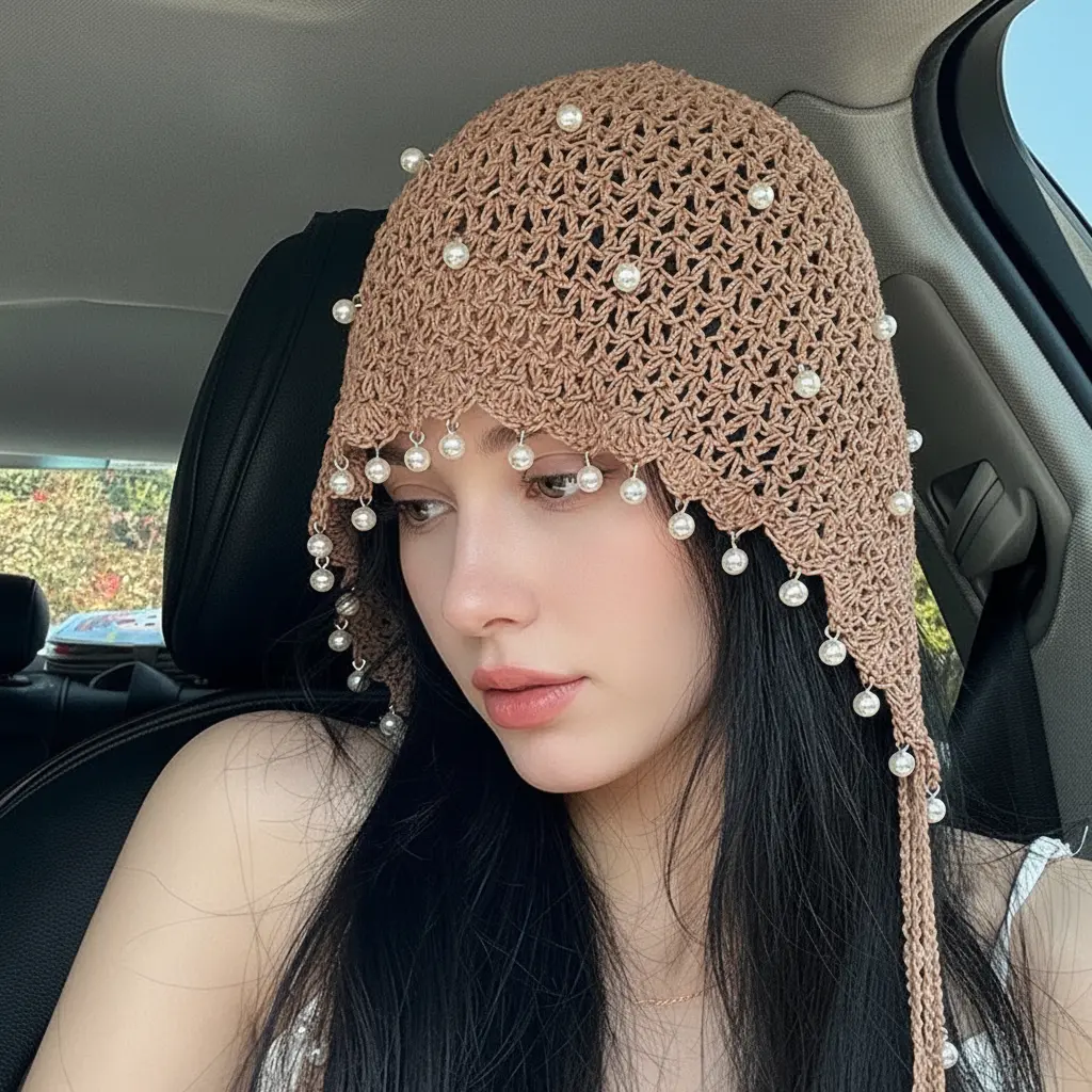 Handmade Beaded Tassel Hollowed-Out Crocheted Pastoral Style Pearl Accent Fisherman Hat Cotton Yarn Unique Fashionable Accessory
