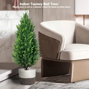 3FT Artificial Topiary Cedar Tree with Planter- UV Resistant Faux Evergreen Plant, Fake Trees Shrub Bushes Realistic Dense Foliage for Indoor Outdoor Porch Garden Office Spring Summer Decor