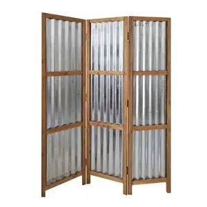 212 MAIN 3-Panel Brown Corrugated Metal Room Divider, Functional Partition, Indoor Furniture