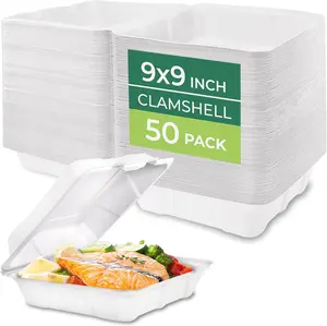 Freshware Clamshell Food Containers 9x9” (50 Pack) – Heavy Duty Disposable To Go Boxes, Leak Resistant, Microwave Safe, Compostable
