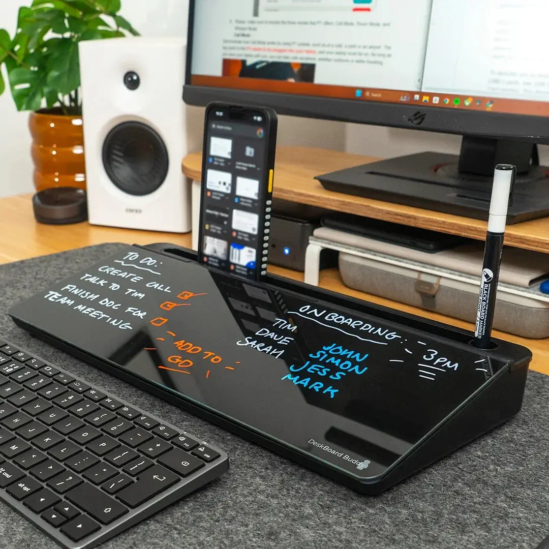 Deskboard Buddy Tech Organizer - Office Desk Accessory with Compartment, Phone Stand, Calculator, Wireless Charging Pad, Dry Erase Board, Stationery Storage, Tempered Glass Surface, 2.8 lbs, 16x7 in, 7 inches Clean Cable Routing, Phone/Tablet Compatible