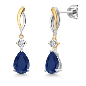 Gem Stone King 925 Silver and 10K Yellow Gold Blue Sapphire and White Moissanite Earrings For Women | 4.74 Cttw | Gemstone September Birthstone | Pear Shape 10X7MM