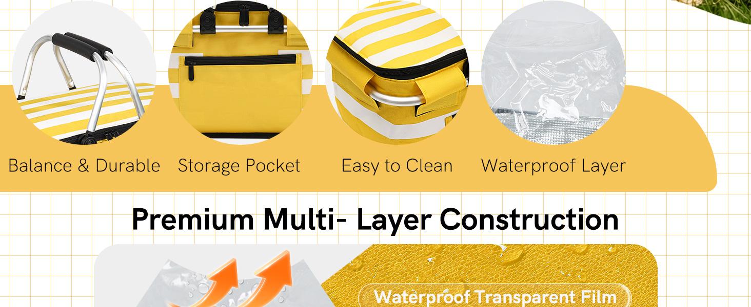 Yellow Insulated Picnic Basket,Leak-Proof Collapsible Cooler Bag,26L Grocery Basket with Lid,2 Sturdy Handles,Storage Basket for Picnic,Food Delivery,Take Outs,Market Shopping,Travel