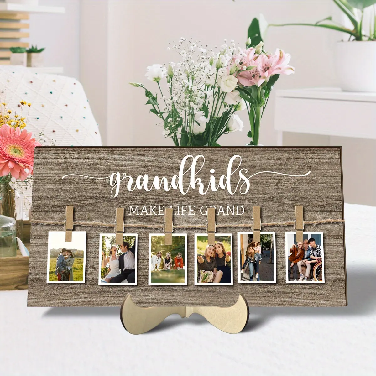 Wooden Grandkids Family Picture Sign with 6 Clips, Photo Display Sign, Memory Table Sign, Wooden Memorial Picture Hanging Board, Family Decor, Home Decor Accessory, Photo Decorations, Frames