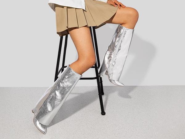 Dream Pairs Women's Fold-Over Knee-High Boots - PU Leather, Pointed Toe, Chunky Heel, Side Zip, 4mm Latex Cushioned Insole, Party Chunky Shoes, Casual Footwear