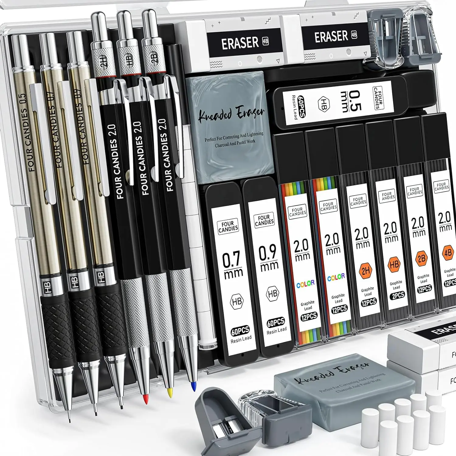 Fourcandies 25PCS Art Mechanical Pencil Set with Case, 3PCS Metal Artist Lead Pencil 0.5, 0.7, 0.9 Mm & 3PCS 2Mm Lead Holder(Hb 2H 2B 4B Color) with 432PCS Graphite Lead Refills for Drawing Sketching Four Candies