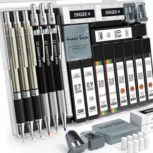 Fourcandies 25PCS Art Mechanical Pencil Set with Case, 3PCS Metal Artist Lead Pencil 0.5, 0.7, 0.9 Mm & 3PCS 2Mm Lead Holder(Hb 2H 2B 4B Color) with 432PCS Graphite Lead Refills for Drawing Sketching Four Candies