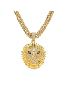 Rhinestone Lion Head Cuban Necklace, Unique Dark Style, 3D Lion Head Design with Blue Eyes, Street Fashion Accessory for Boys and Girls