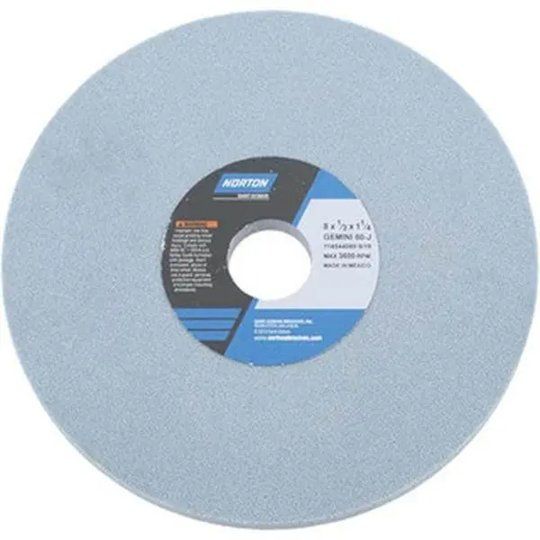 NORTON Type 1 Aluminum Oxide Surface Grinding Wheel - 8 in Diam, 1-1/4 in Hole Mount, 1/2 in Thick, J Hardness Medium Grade, 60 Grit, 3600 Max RPM, No Recess, Model 66253246857 (inches Measurement Units Included)