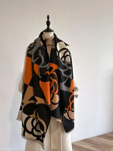 Women's Elegant Floral Print Fringe Trim Shawl, Boho Style Warm Thick Textured Blanket Scarf for Fall & Winter, Fashion All-match Accessories for Women & Girls