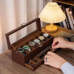 Watch Box for Men, 6 Slot Watch Display Case with Drawer, Mens Watch Case With Glass Lid, 2-Layer Jewelry and Watch Storage Watch -6 Slot, Espresso