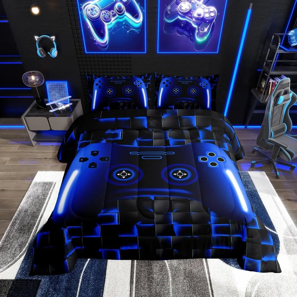 Feelyou Gaming-Themed Comforter Set - Breathable Soft, Lightweight Blue & Black Geometric Checkered Quilt Set with Quilt Cover, Fluffy Game Controller Design Bedding for Teen Boys, Lightweight Breathable Soft Blanket, Lightweight Blanket